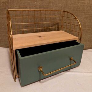Modern Gold Tone Wire Shelf w Teal Wood Drawer Decorative Storage Wall Decor